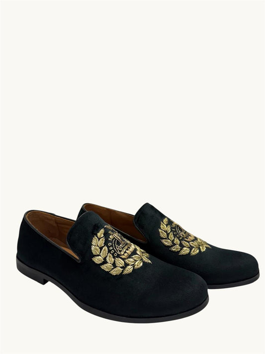 BLACK SUEDE EMBROIDERED LOAFERS