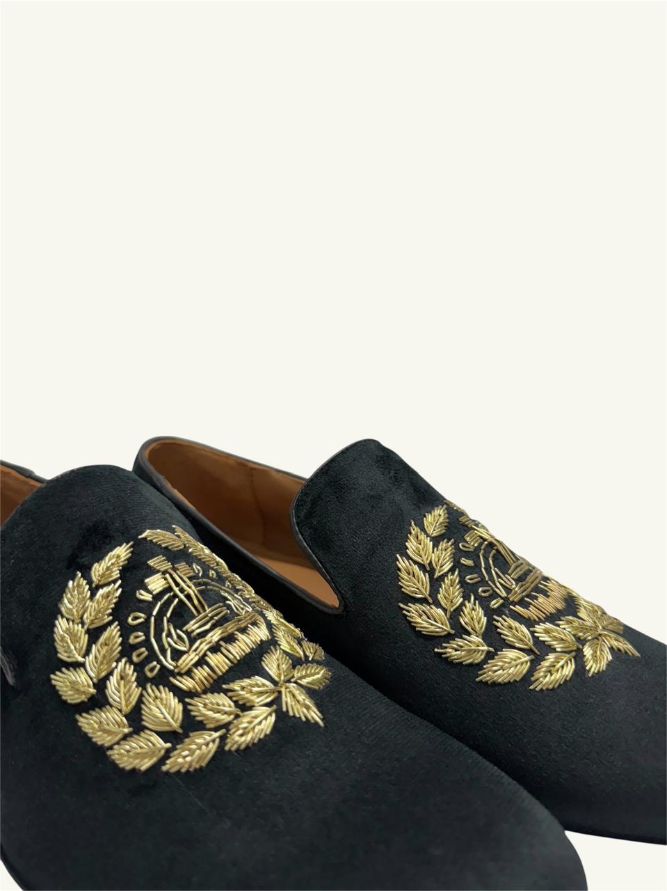 BLACK SUEDE EMBROIDERED LOAFERS