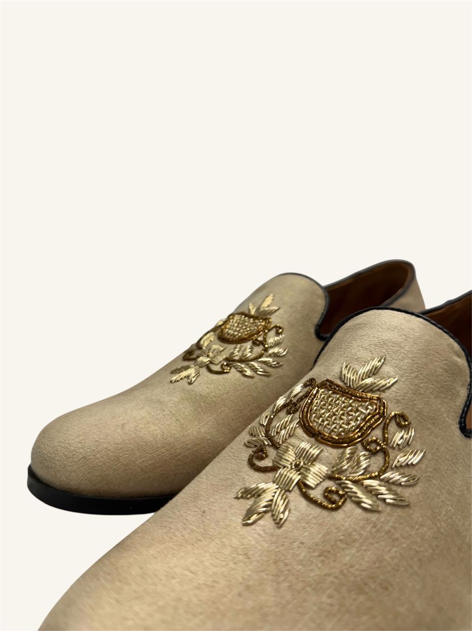 BEIGE SUEDE EMBROIDERED LOAFERS
