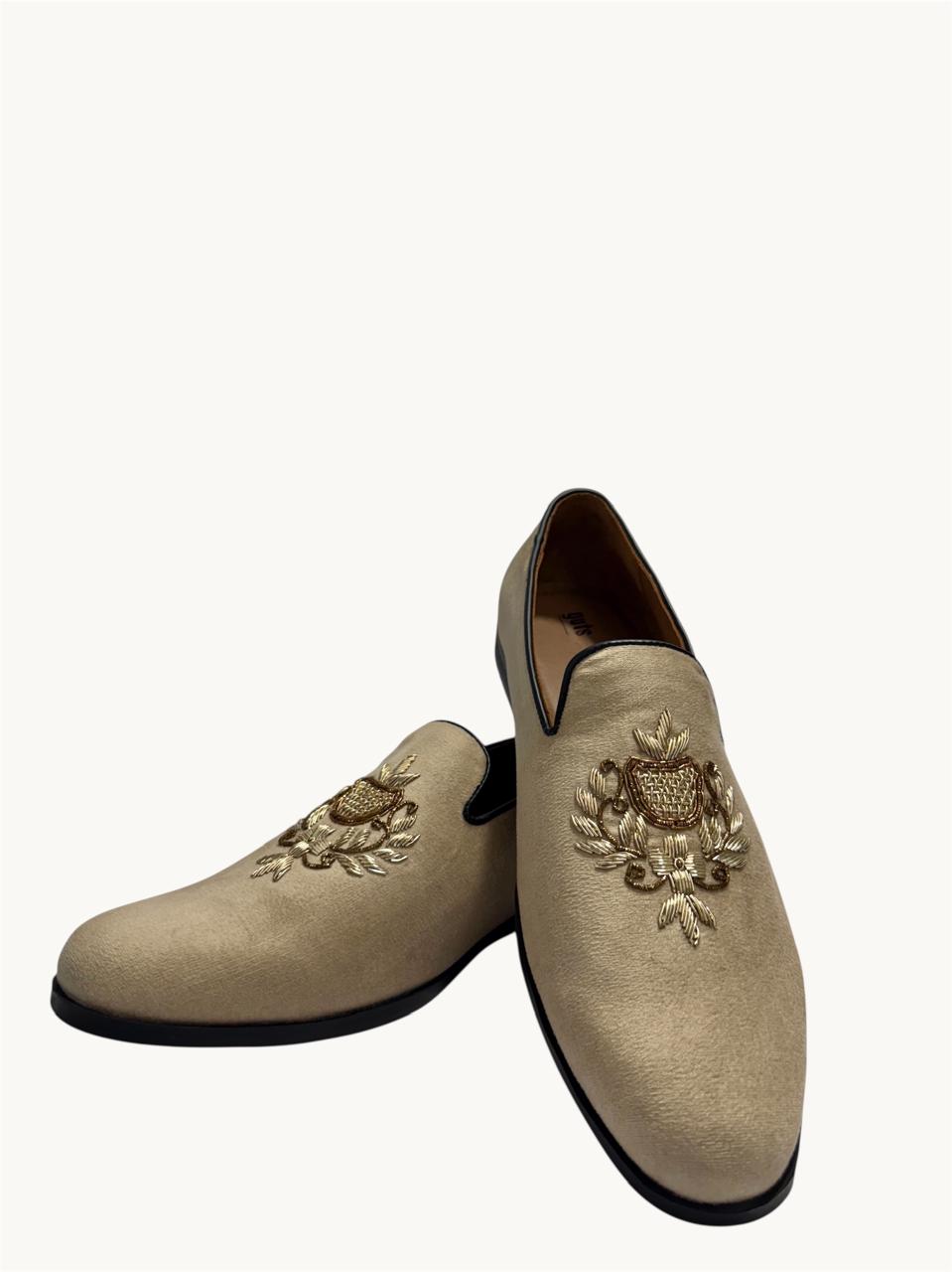 BEIGE SUEDE EMBROIDERED LOAFERS