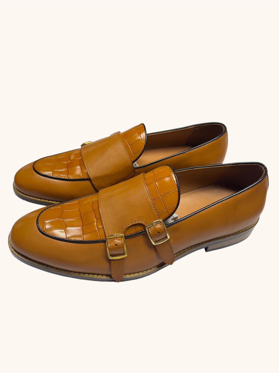 TAN DOUBLE MONK STRAP LOAFERS WITH CROC-EMBOSSED DETAILING