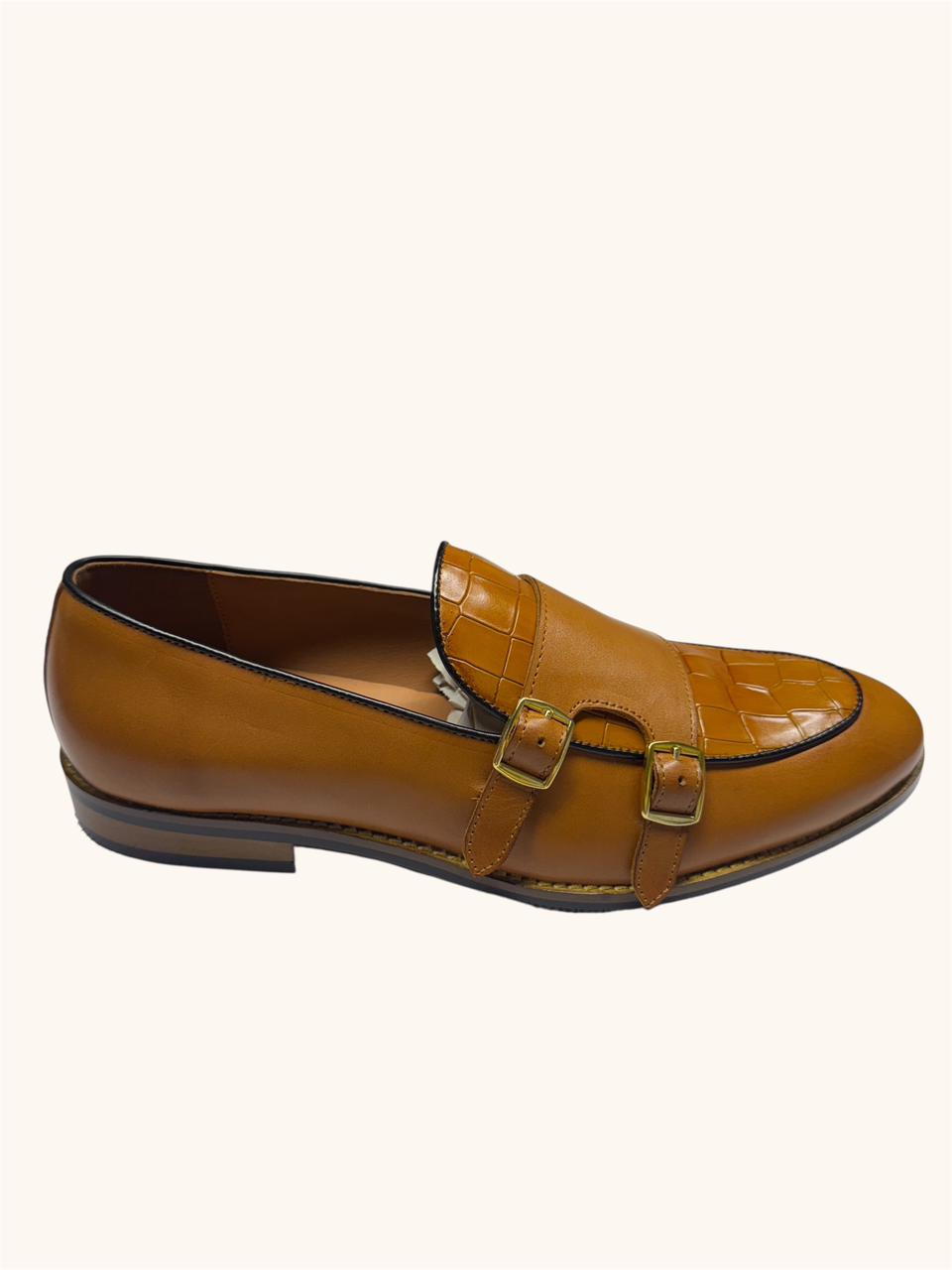 TAN DOUBLE MONK STRAP LOAFERS WITH CROC-EMBOSSED DETAILING