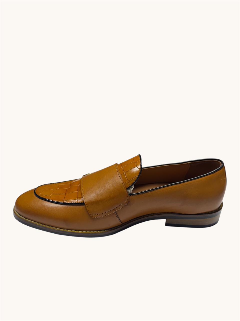TAN DOUBLE MONK STRAP LOAFERS WITH CROC-EMBOSSED DETAILING