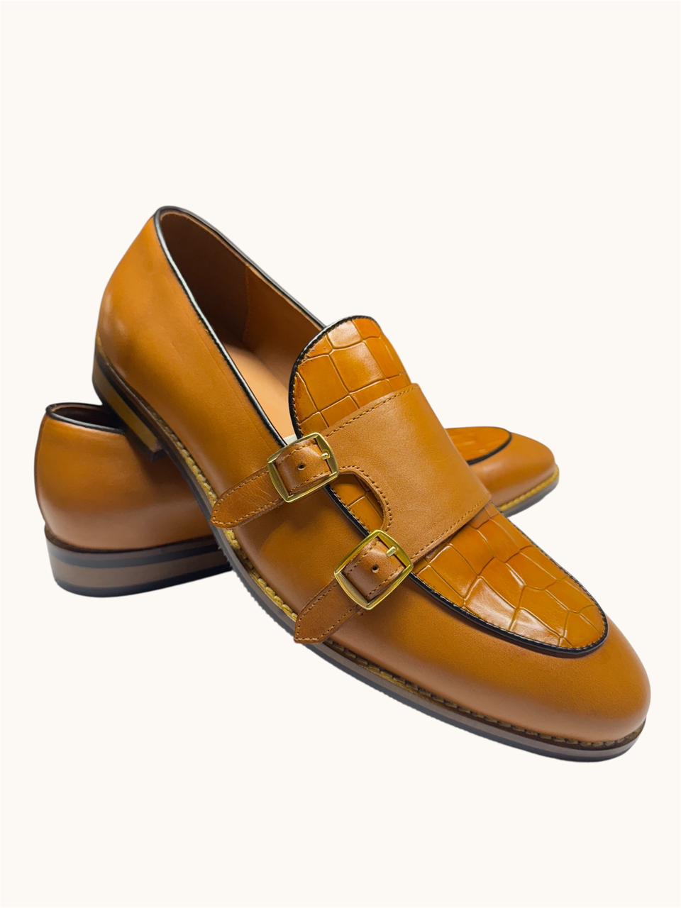TAN DOUBLE MONK STRAP LOAFERS WITH CROC-EMBOSSED DETAILING