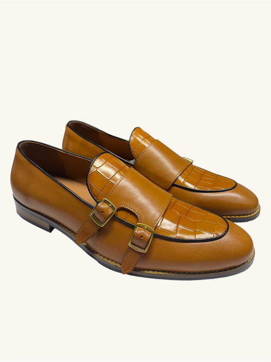 TAN DOUBLE MONK STRAP LOAFERS WITH CROC-EMBOSSED DETAILING
