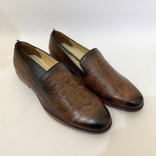 BROWN CROC-EMBOSSED SLIP-ON LOAFERS