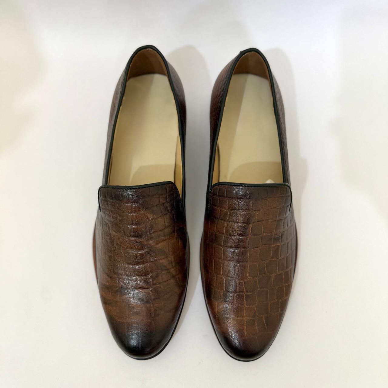 BROWN CROC-EMBOSSED SLIP-ON LOAFERS