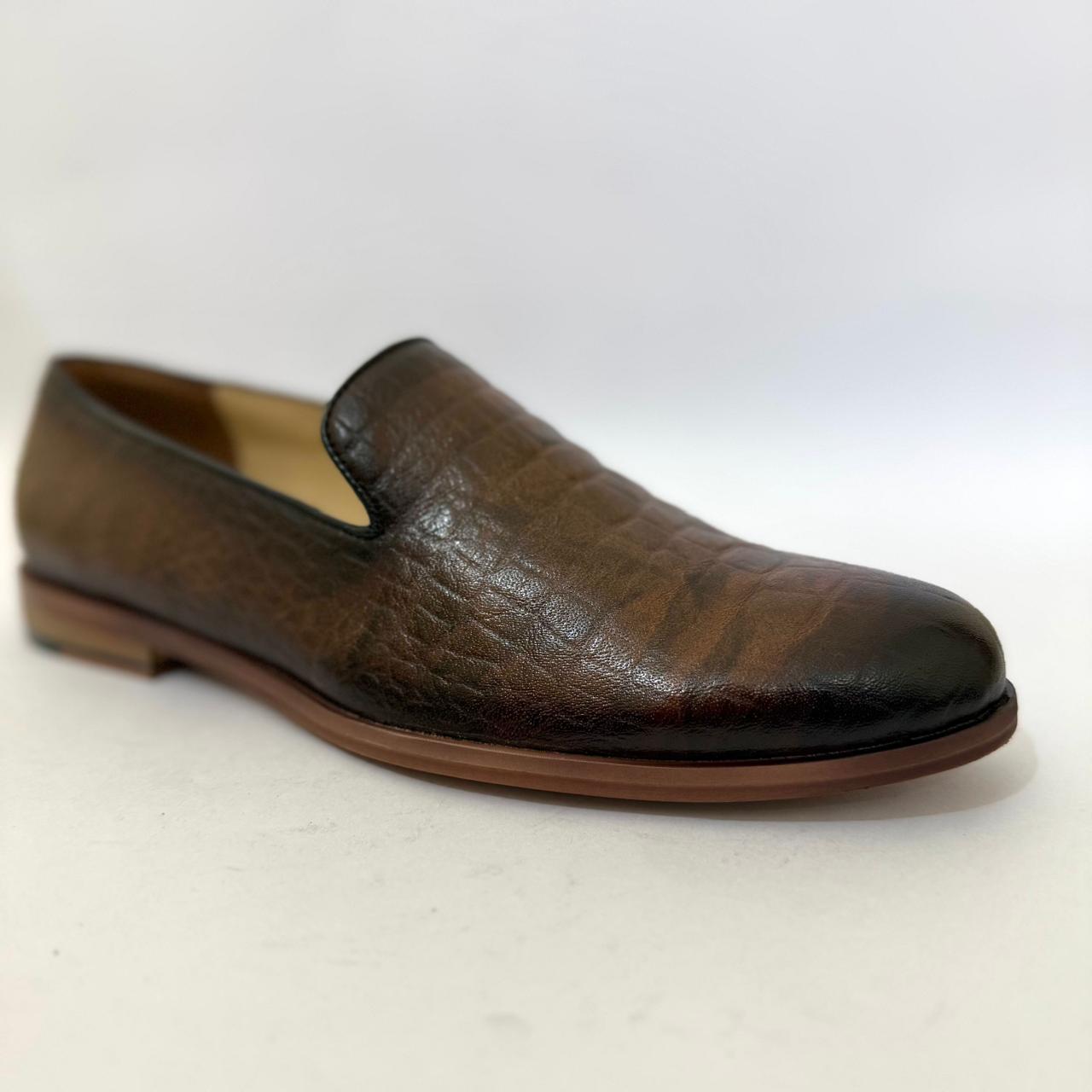 BROWN CROC-EMBOSSED SLIP-ON LOAFERS