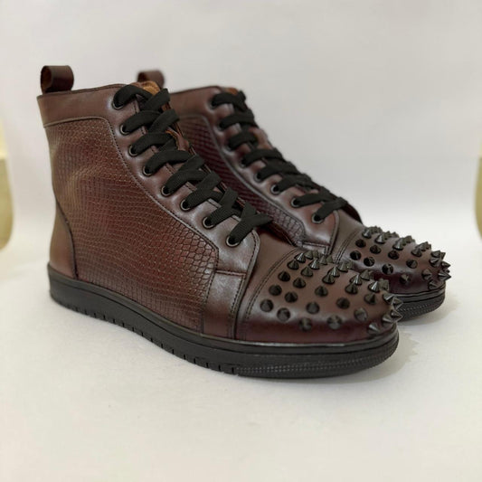 BURGUNDY SPIKED LEATHER HIGH-TOP SNEAKERS