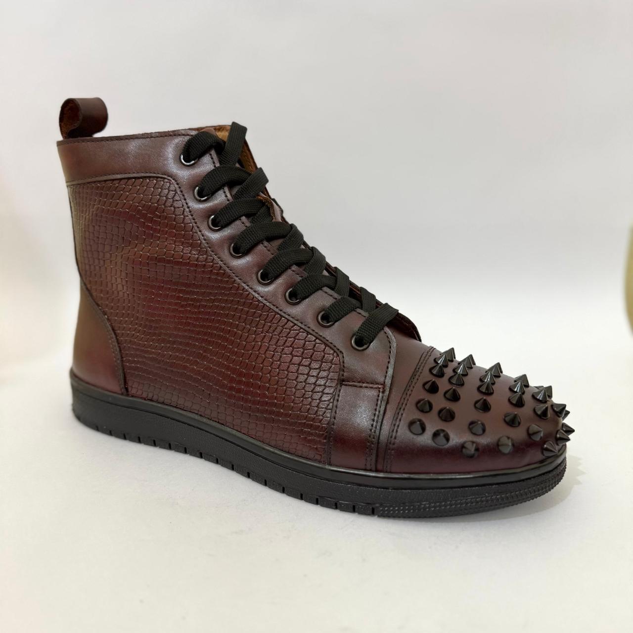 BURGUNDY SPIKED LEATHER HIGH-TOP SNEAKERS