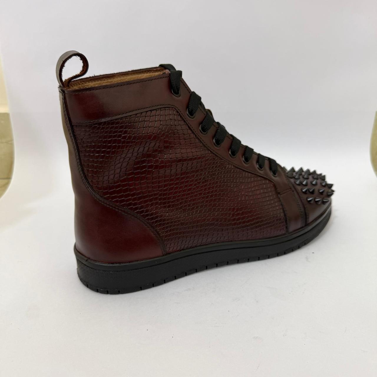BURGUNDY SPIKED LEATHER HIGH-TOP SNEAKERS
