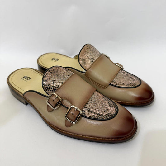 DUAL-BUCKLE TAN MULE WITH SNAKESKIN ACCENT