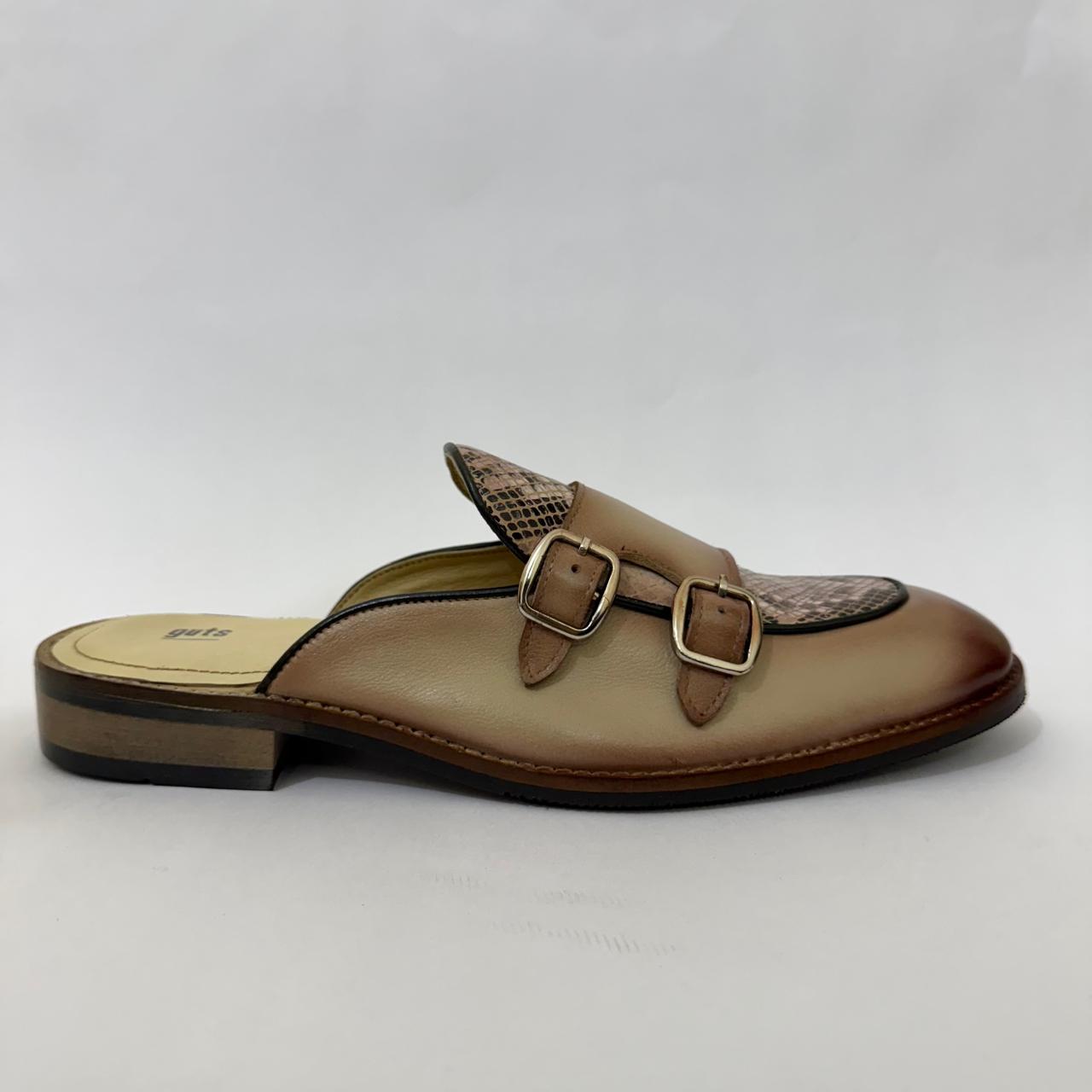 DUAL-BUCKLE TAN MULE WITH SNAKESKIN ACCENT
