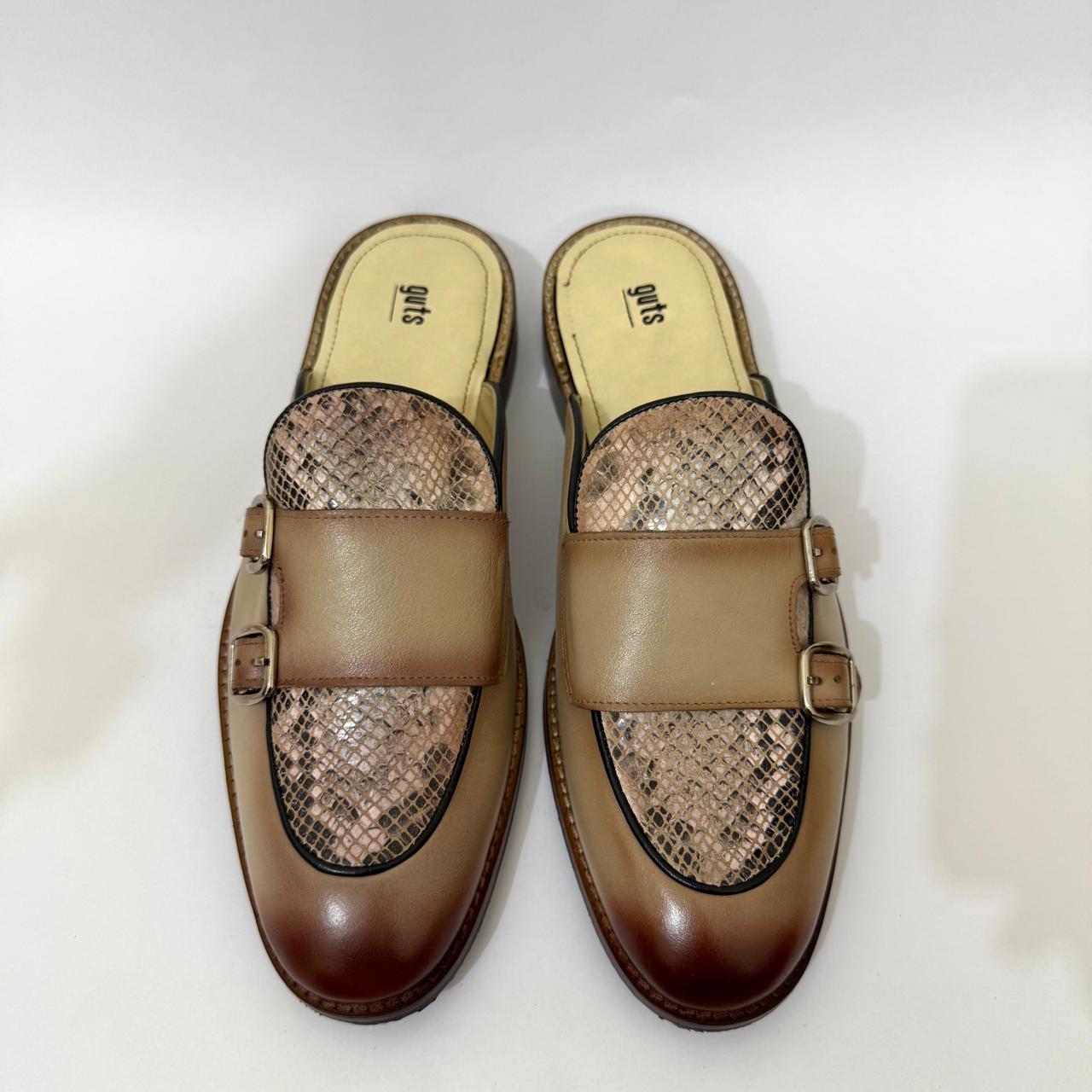 DUAL-BUCKLE TAN MULE WITH SNAKESKIN ACCENT