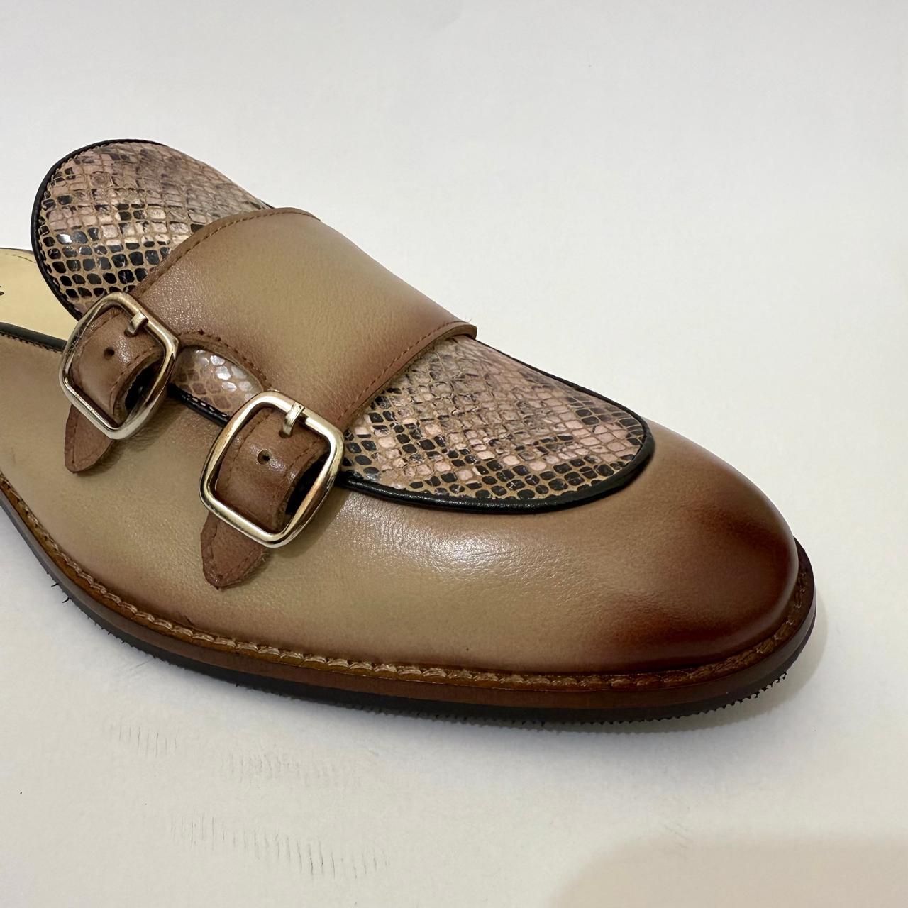 DUAL-BUCKLE TAN MULE WITH SNAKESKIN ACCENT