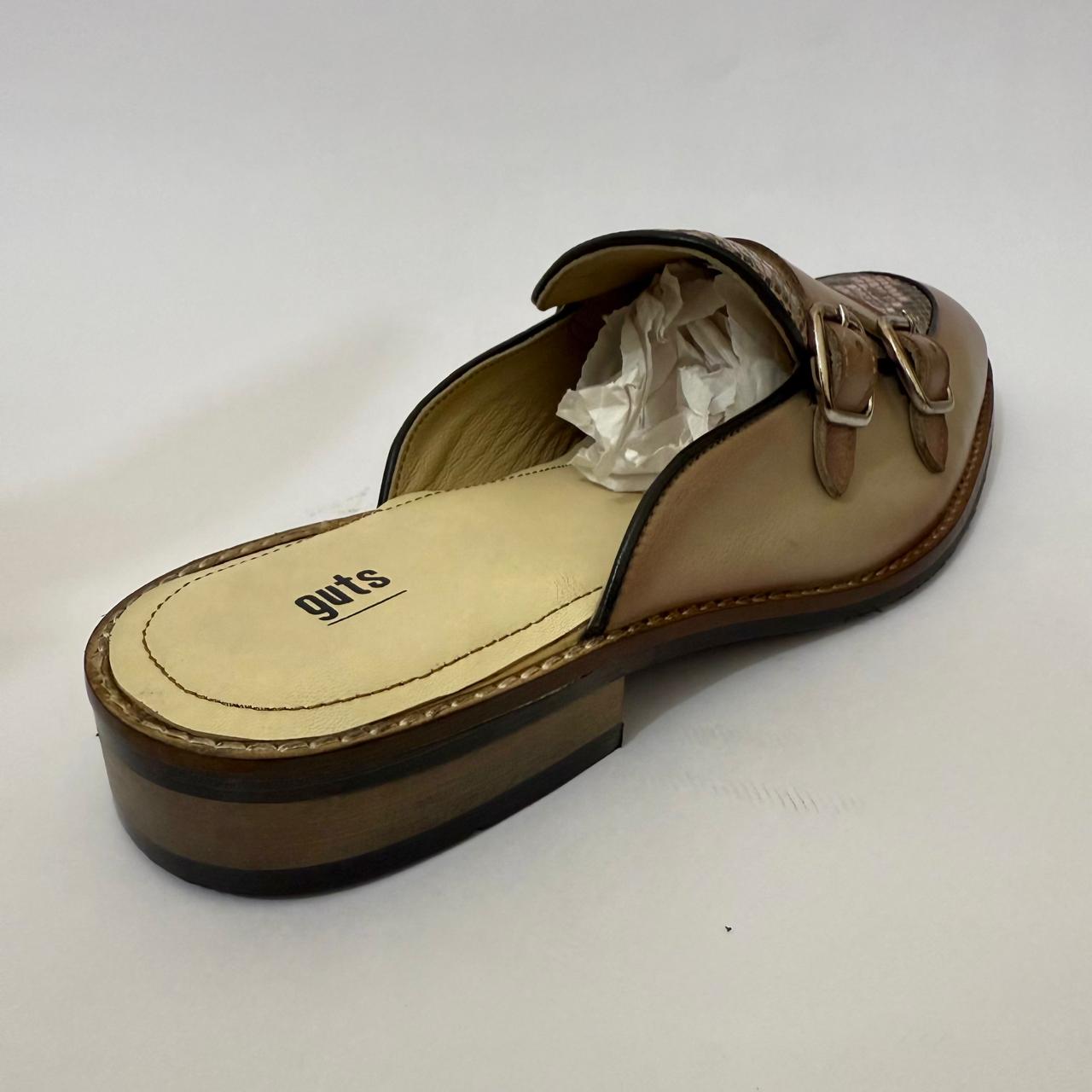 DUAL-BUCKLE TAN MULE WITH SNAKESKIN ACCENT