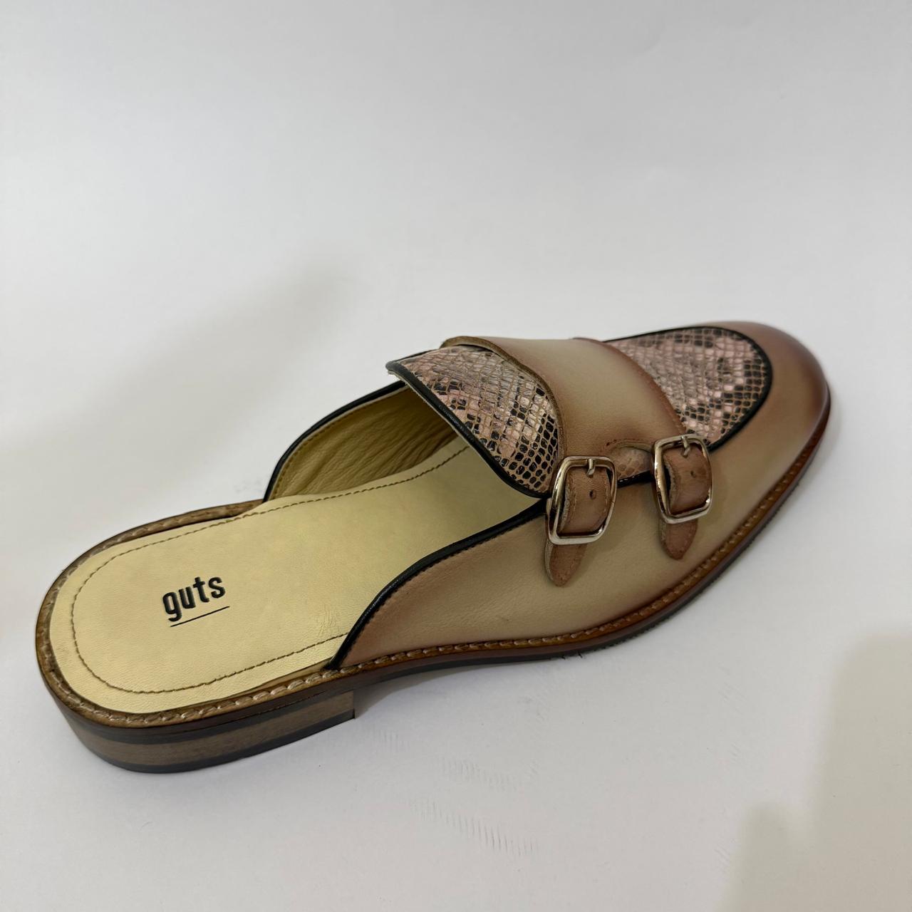 DUAL-BUCKLE TAN MULE WITH SNAKESKIN ACCENT