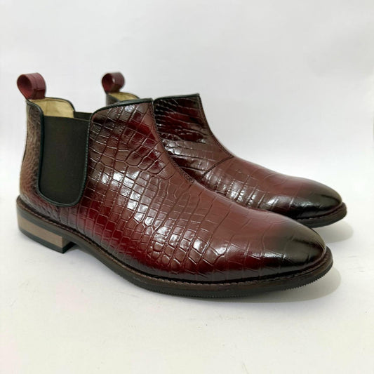 BURGUNDY CROC-EMBOSSED LEATHER CHELSEA BOOTS