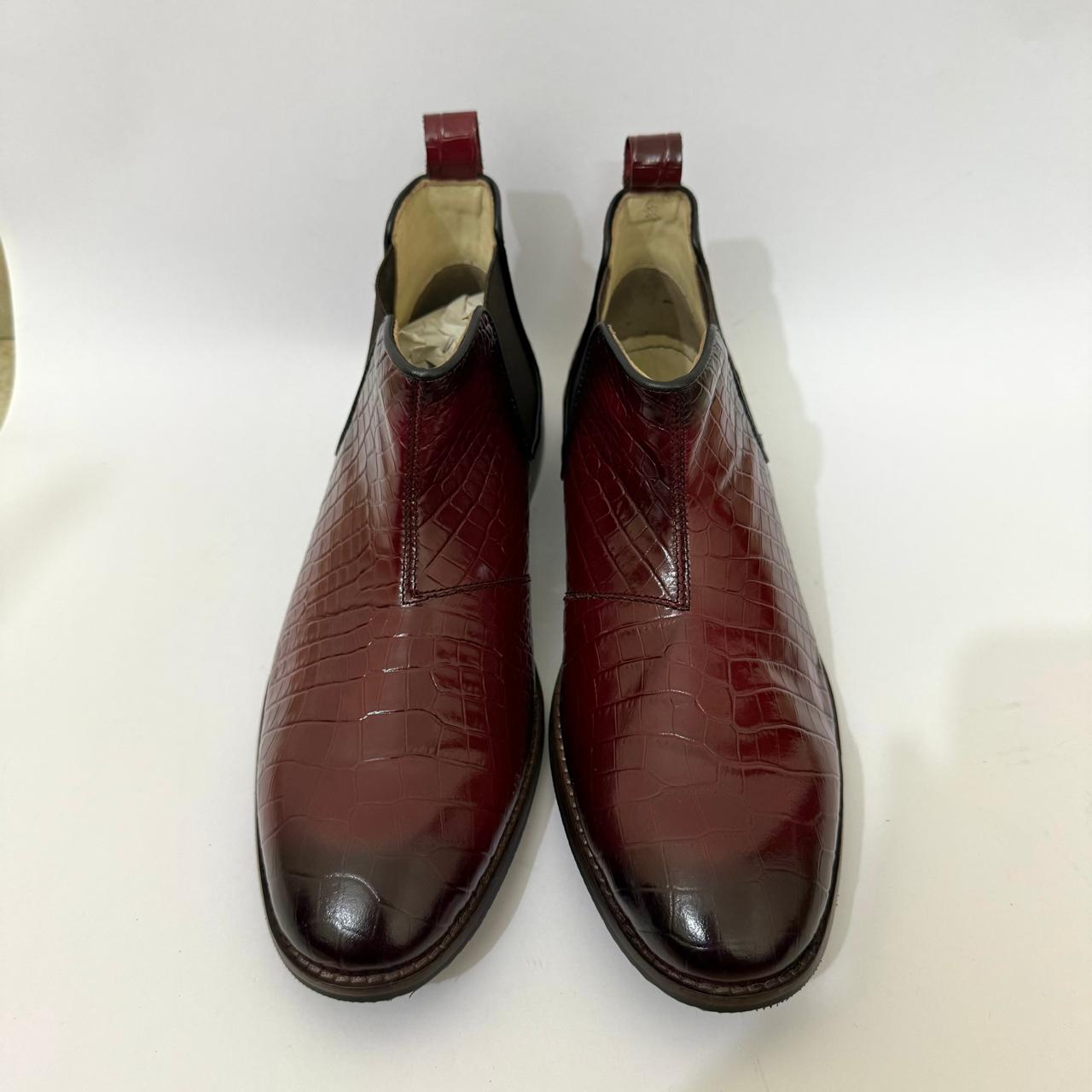 BURGUNDY CROC-EMBOSSED LEATHER CHELSEA BOOTS