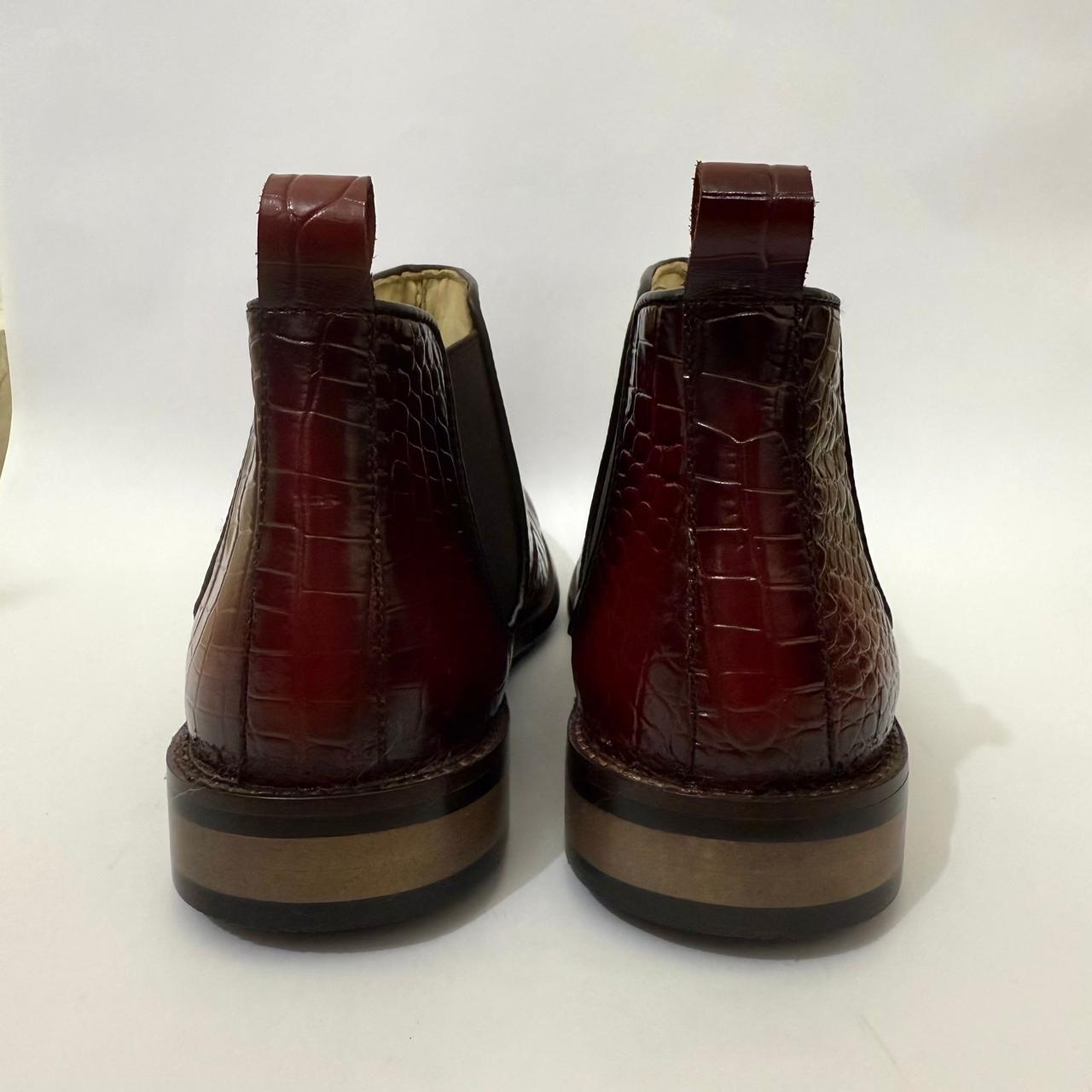 BURGUNDY CROC-EMBOSSED LEATHER CHELSEA BOOTS