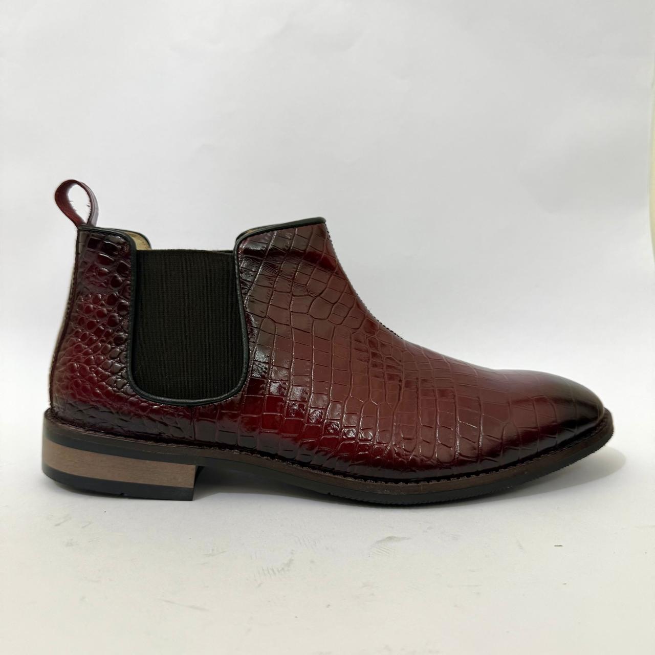 BURGUNDY CROC-EMBOSSED LEATHER CHELSEA BOOTS