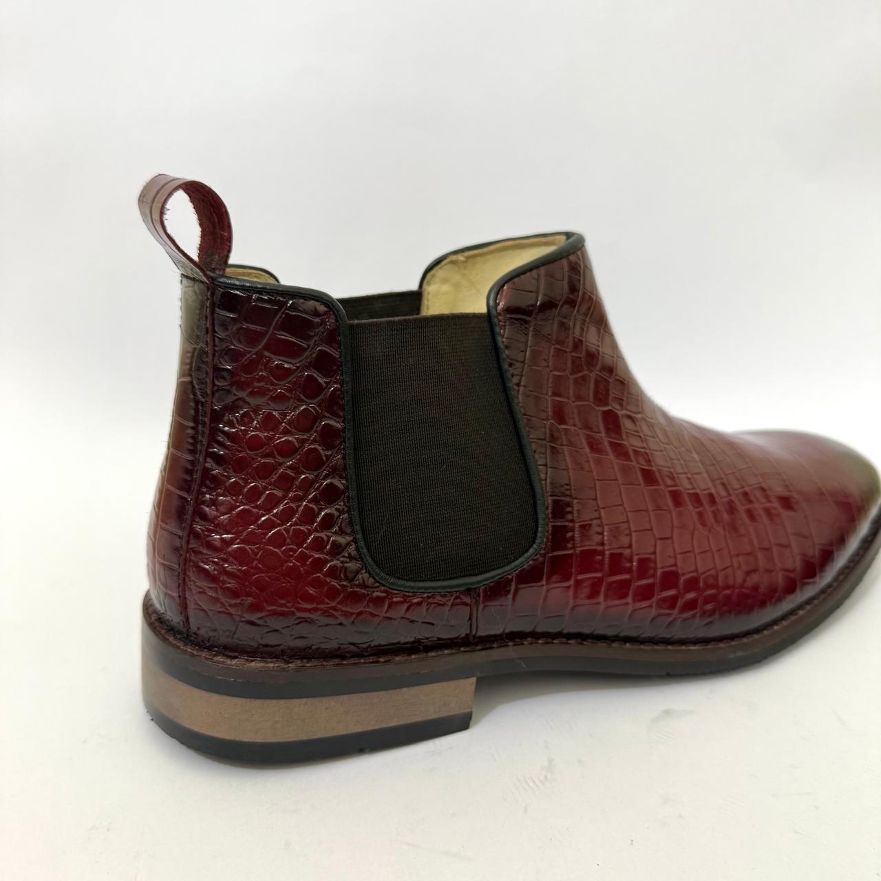 BURGUNDY CROC-EMBOSSED LEATHER CHELSEA BOOTS