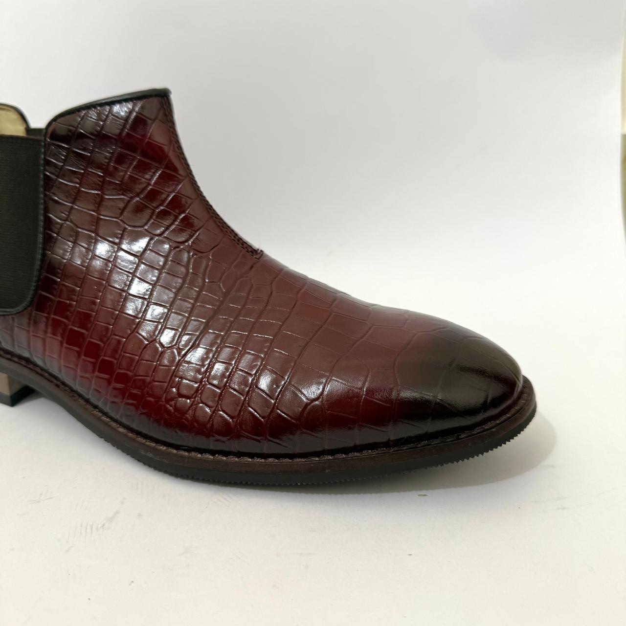 BURGUNDY CROC-EMBOSSED LEATHER CHELSEA BOOTS