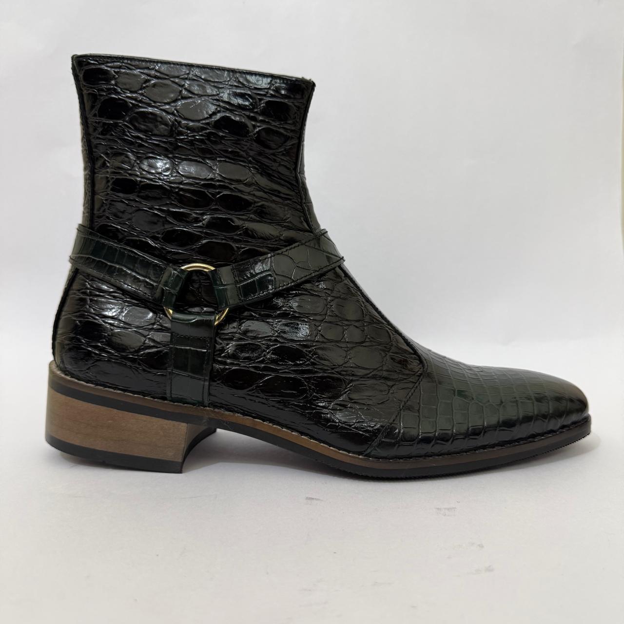 BLACK-GREEN CROC-EMBOSSED ANKLE BOOTS