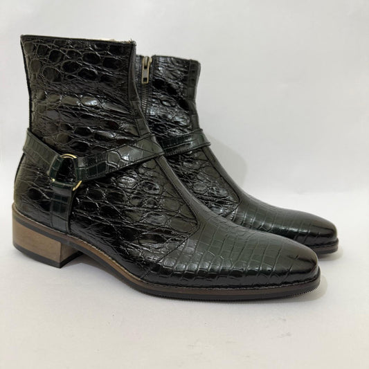 BLACK-GREEN CROC-EMBOSSED ANKLE BOOTS