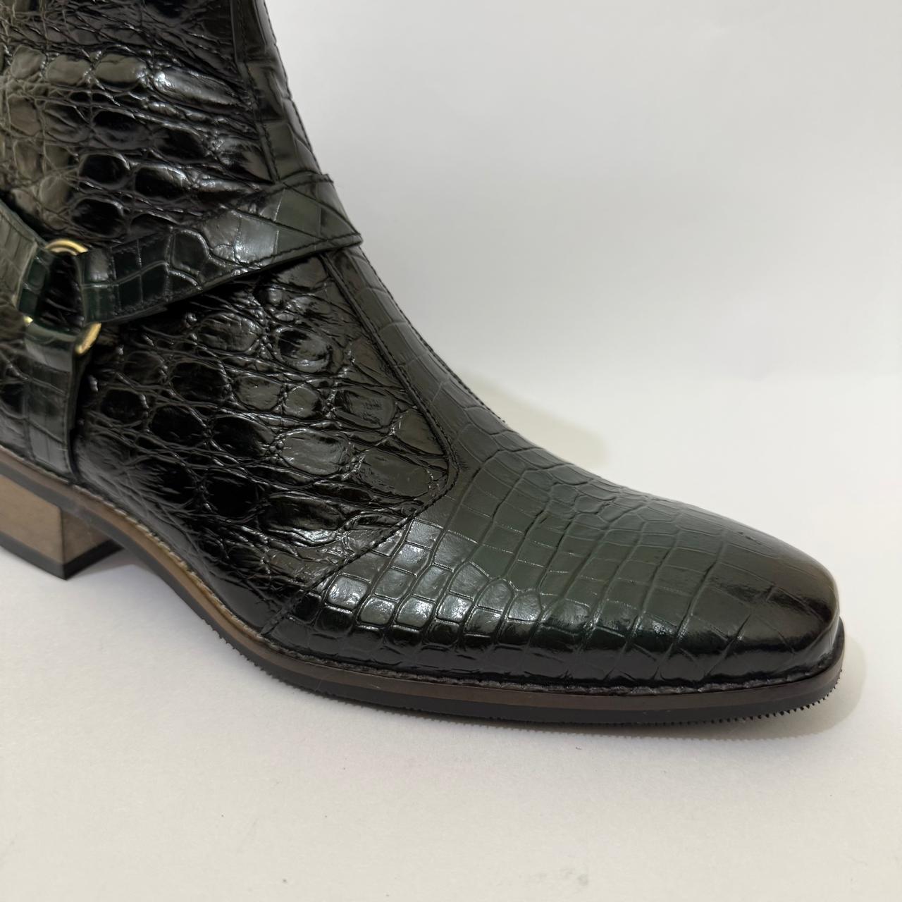 BLACK-GREEN CROC-EMBOSSED ANKLE BOOTS
