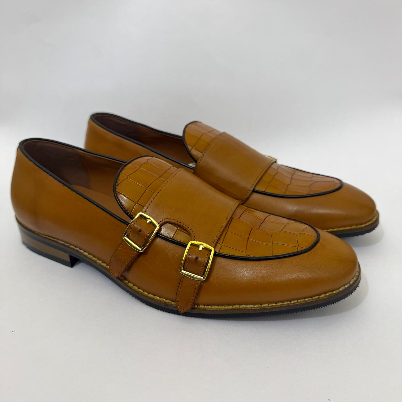 TAN DOUBLE MONK STRAP LOAFERS WITH CROC-EMBOSSED DETAILING