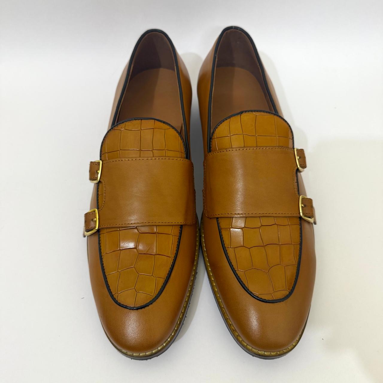 TAN DOUBLE MONK STRAP LOAFERS WITH CROC-EMBOSSED DETAILING