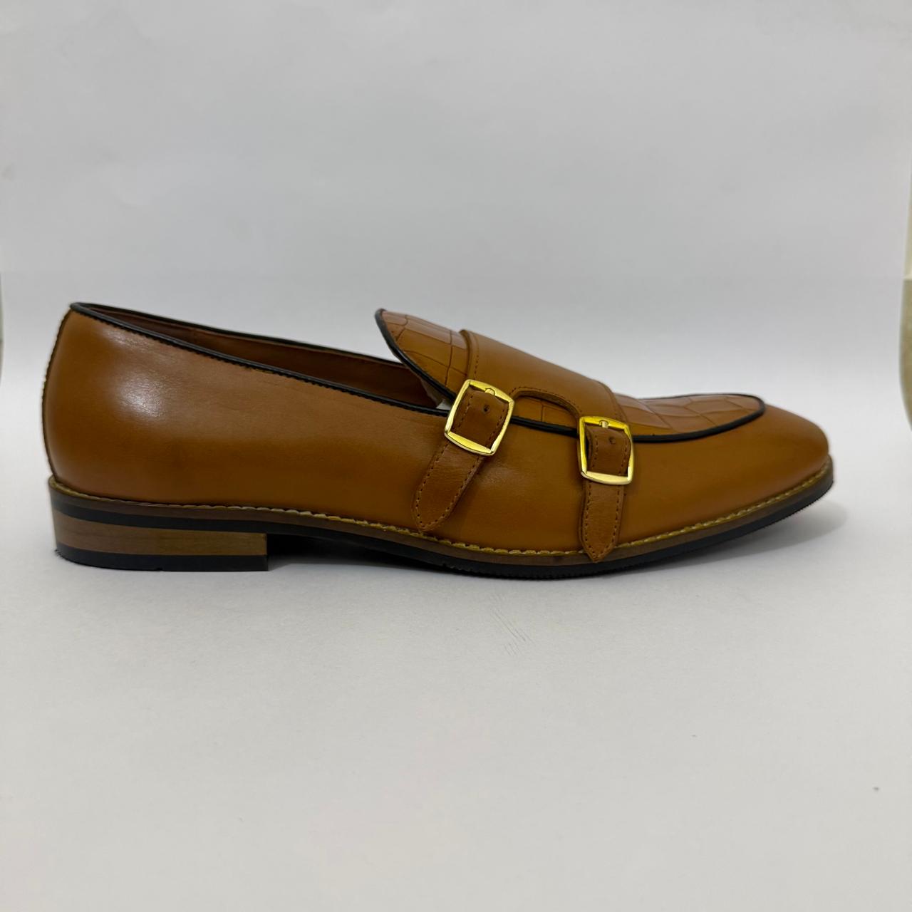 TAN DOUBLE MONK STRAP LOAFERS WITH CROC-EMBOSSED DETAILING
