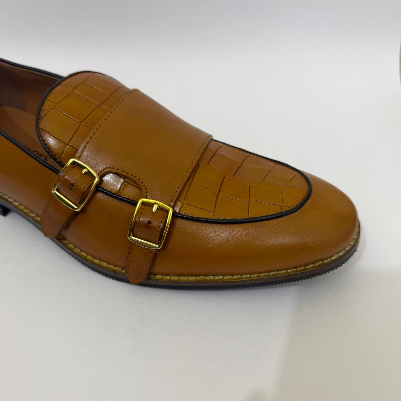 TAN DOUBLE MONK STRAP LOAFERS WITH CROC-EMBOSSED DETAILING