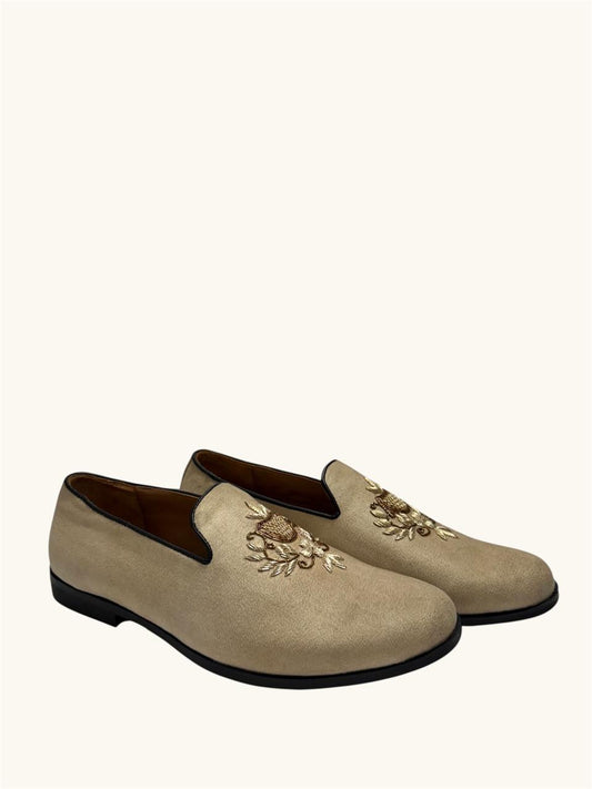 BEIGE SUEDE EMBROIDERED LOAFERS