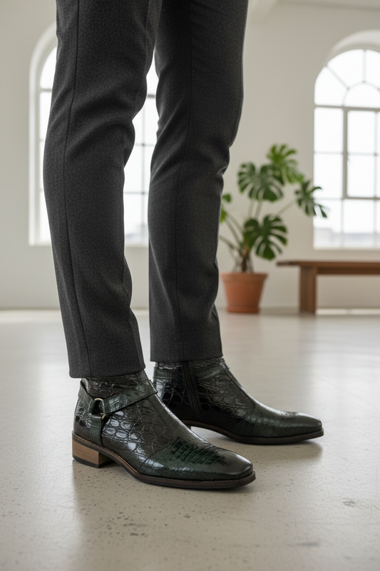 BLACK-GREEN CROC-EMBOSSED ANKLE BOOTS