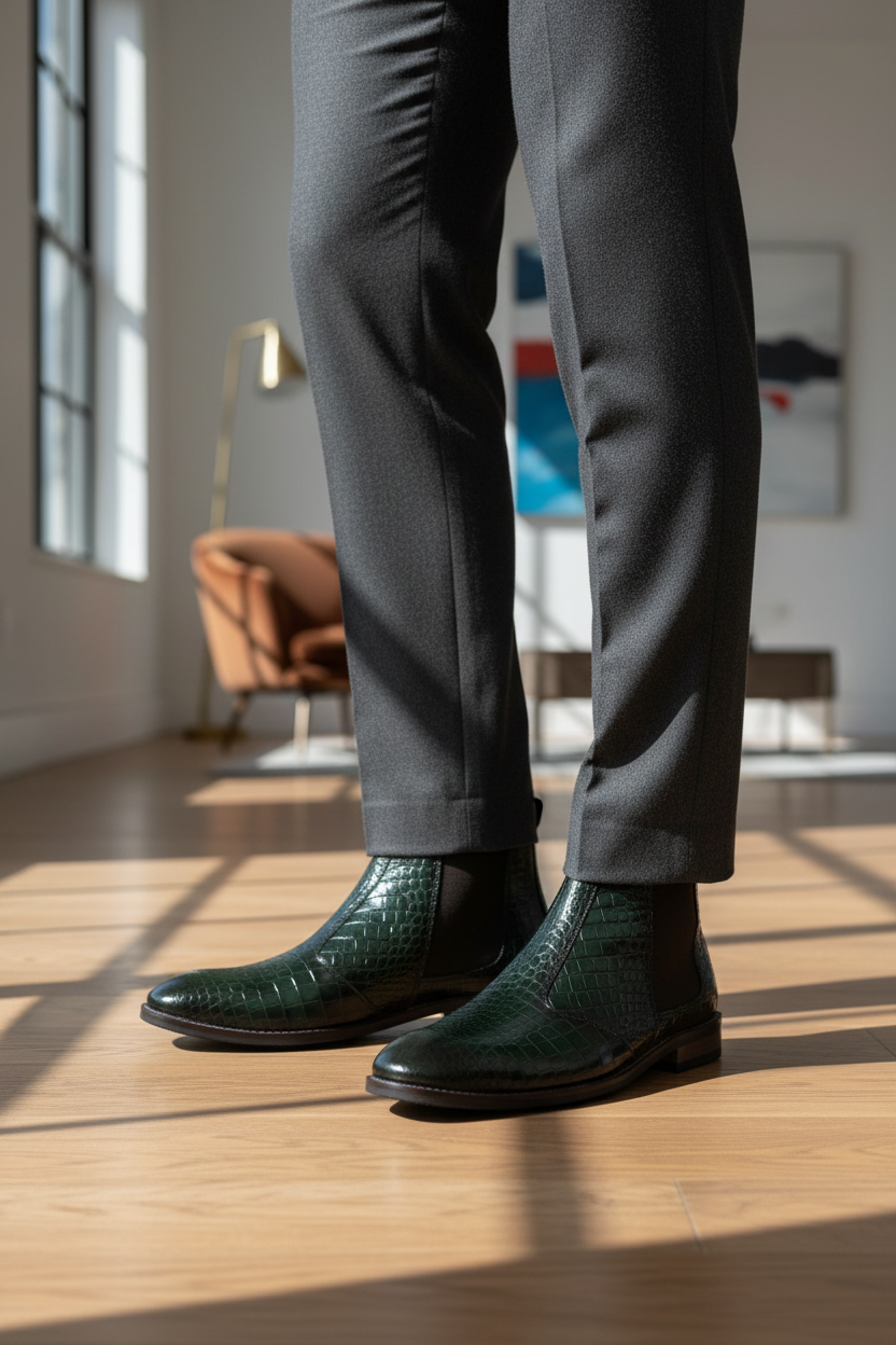 CROC-EMBOSSED GREEN CHELSEA BOOTS