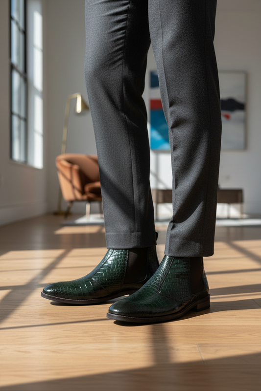 CROC-EMBOSSED GREEN CHELSEA BOOTS