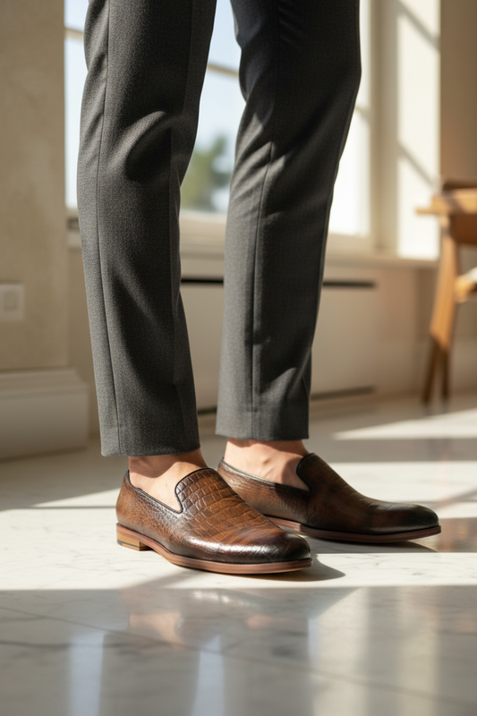 BROWN CROC-EMBOSSED SLIP-ON LOAFERS