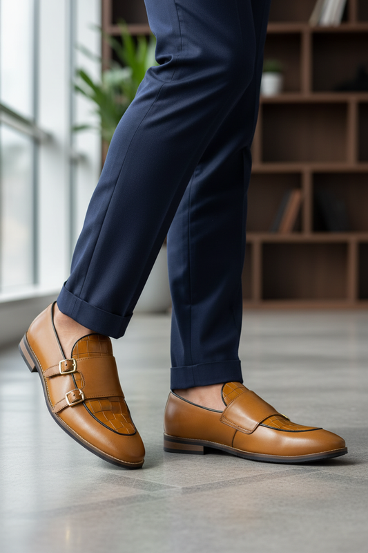 TAN DOUBLE MONK STRAP LOAFERS WITH CROC-EMBOSSED DETAILING
