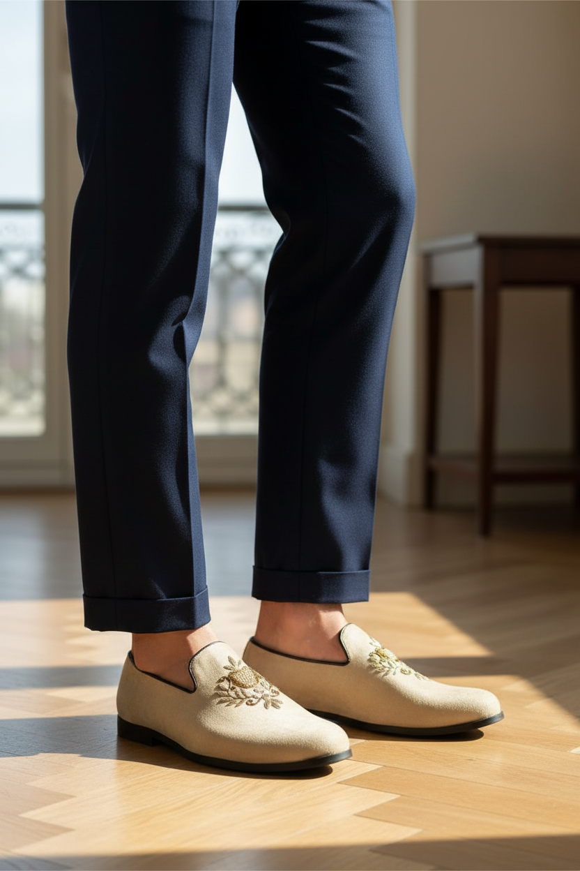 BEIGE SUEDE EMBROIDERED LOAFERS