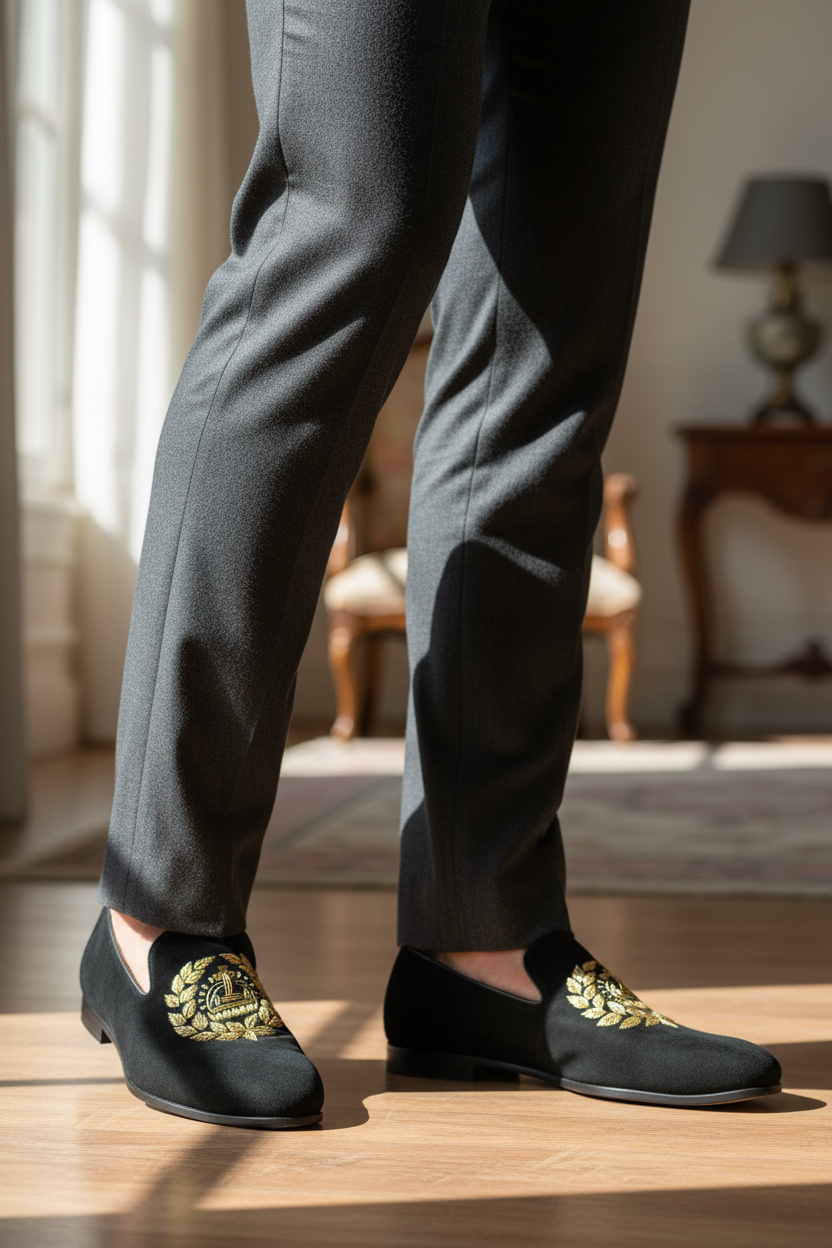 BLACK SUEDE EMBROIDERED LOAFERS