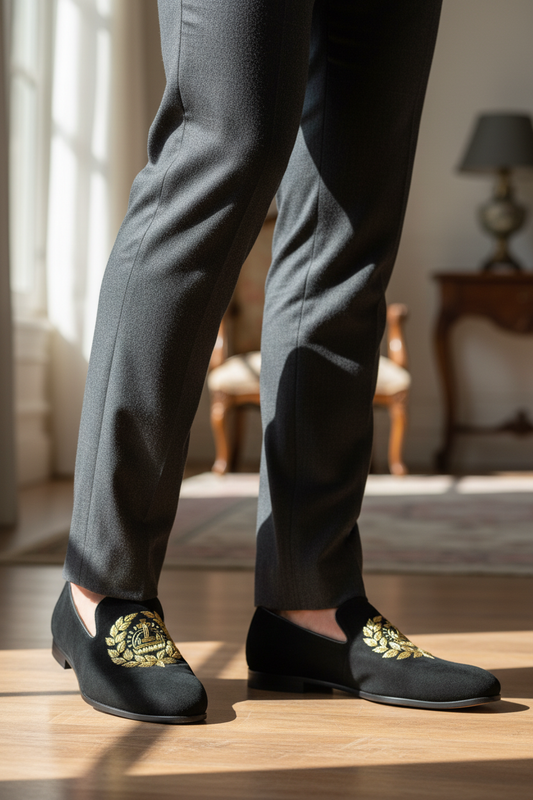 BLACK SUEDE EMBROIDERED LOAFERS