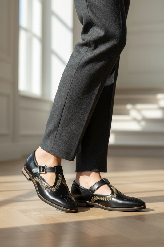 BLACK LEATHER EMBROIDERED BUCKLE STRAP SHOES