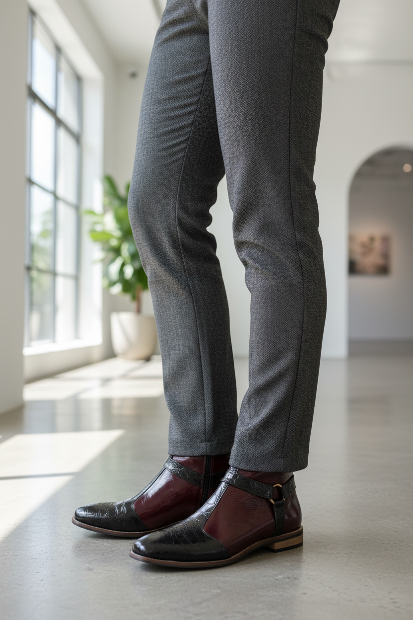 BURGUNDY & BLACK TWO-TONE LEATHER ANKLE BOOTS