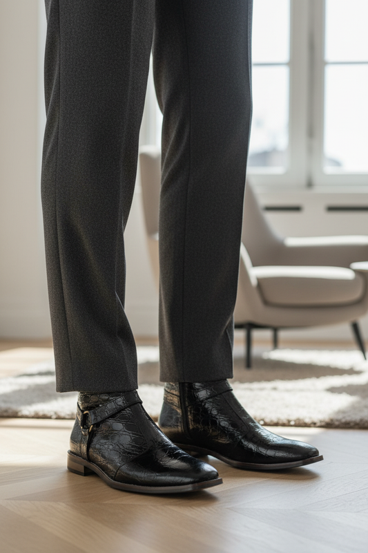 BLACK CROC-EMBOSSED LEATHER ANKLE BOOTS WITH SIDE BUCKLE