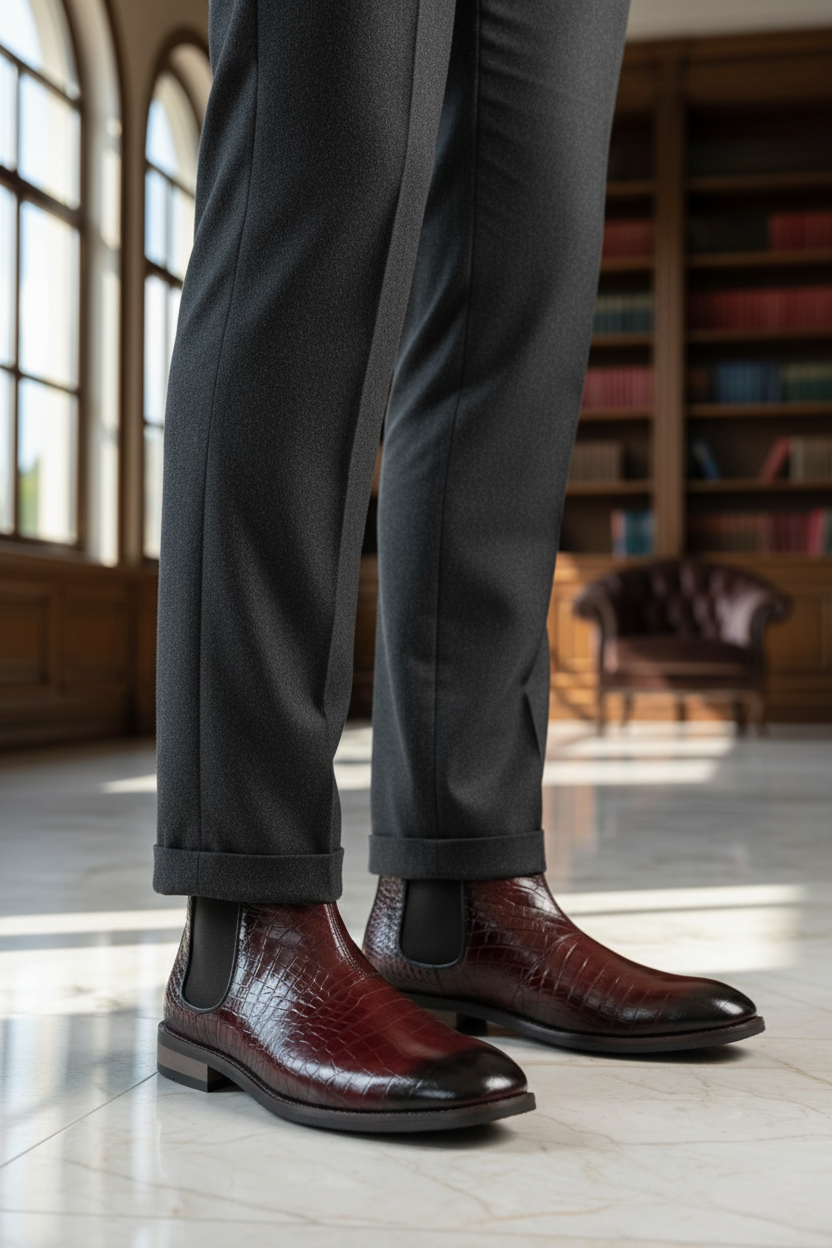 BURGUNDY CROC-EMBOSSED LEATHER CHELSEA BOOTS