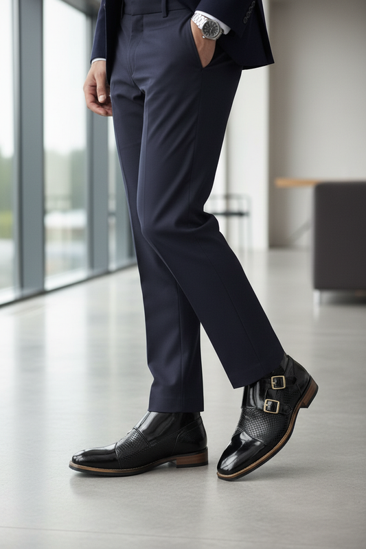 BLACK TEXTURED DOUBLE MONK STRAP FORMALS