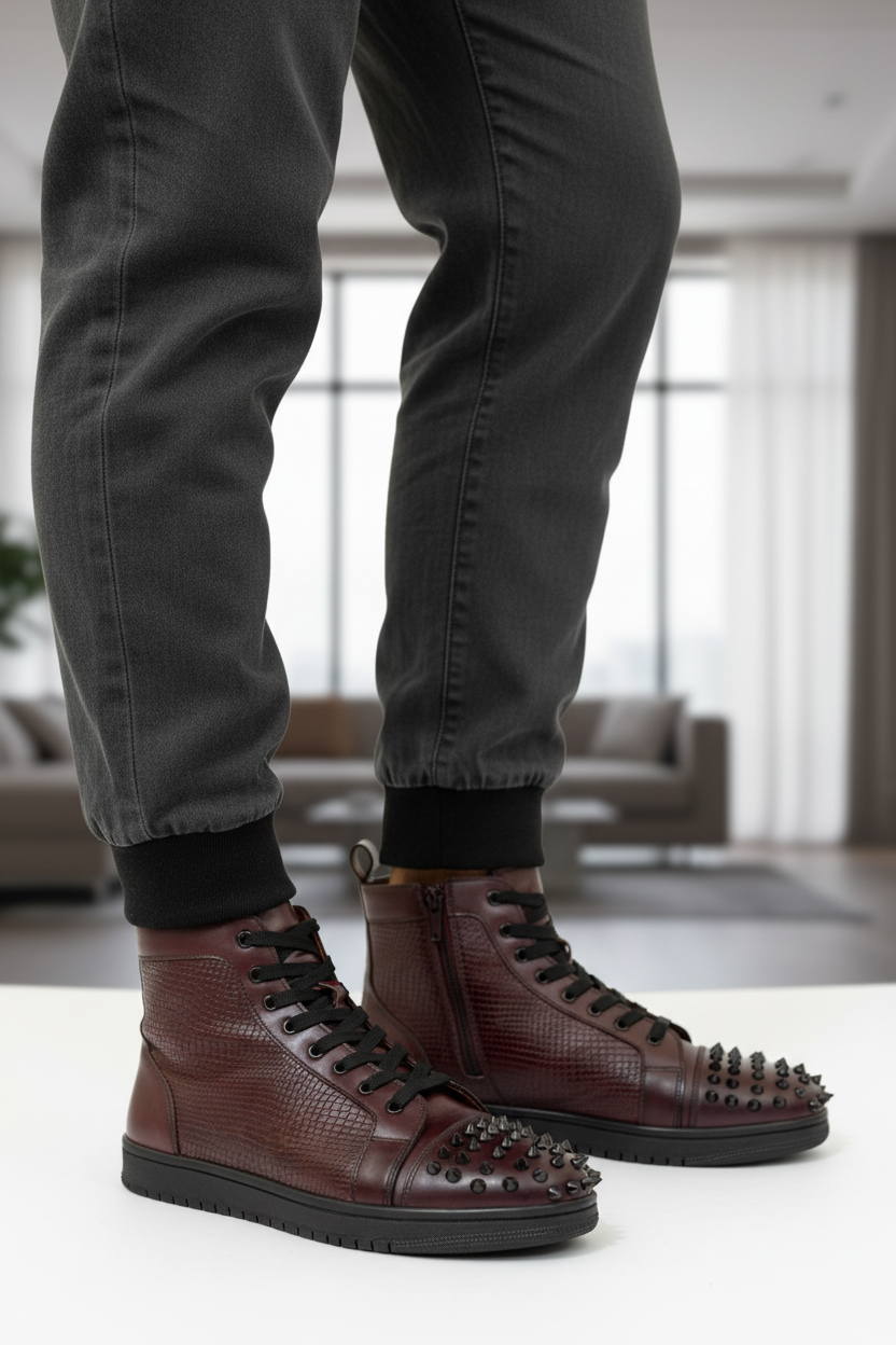BURGUNDY SPIKED LEATHER HIGH-TOP SNEAKERS