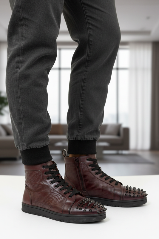 BURGUNDY SPIKED LEATHER HIGH-TOP SNEAKERS